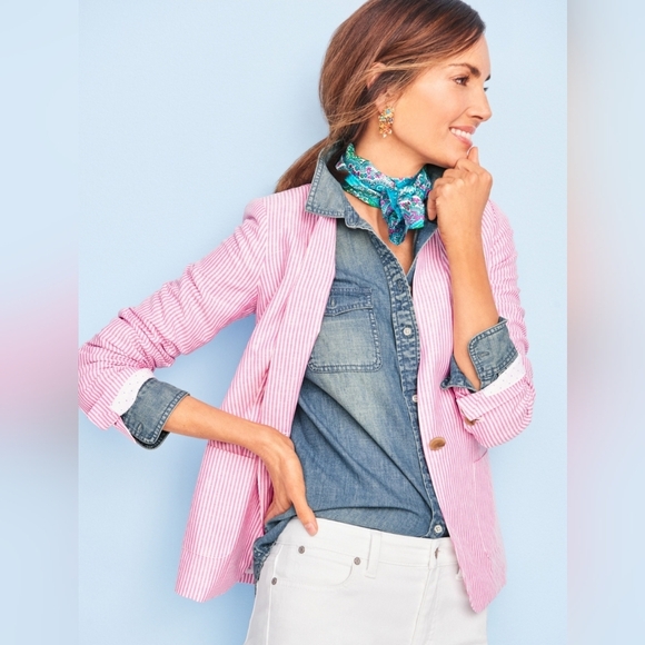 Talbots Stripe Lightweight Linen Cotton Woman Blazer Size 16P - Picture 1 of 15